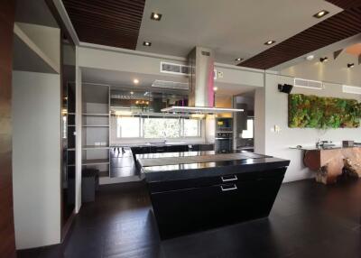 Modern spacious kitchen with center island and integrated appliances