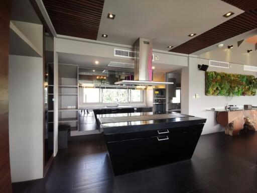 Modern spacious kitchen with center island and integrated appliances