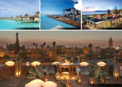 Collage of different property locations including a pool, patio, and traditional outdoor seating area
