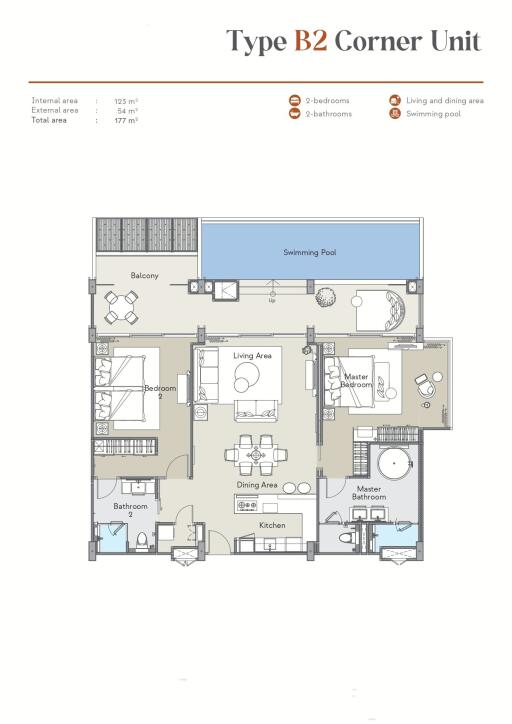Architectural floor plan of a two-bedroom apartment with swimming pool