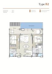 Floor plan of a Type B2 residential property featuring living area, bedrooms, kitchen, and swimming pool