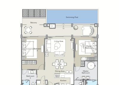 Floor plan of a Type B2 residential property featuring living area, bedrooms, kitchen, and swimming pool