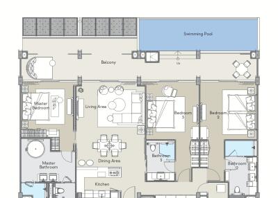 Architectural blueprint of a residential building layout with swimming pool