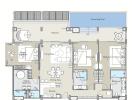 Floor plan of a Type D2 Corner Unit with 3 bedrooms, 3 bathrooms, a living and dining area, kitchen, balcony and swimming pool