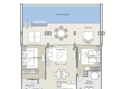 Floor plan of a two-bedroom apartment with living area and swimming pool