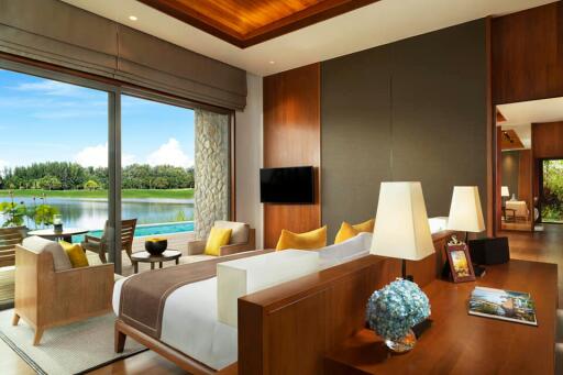 Elegant bedroom with lake view, modern interior design