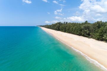 Aerial view of a serene beach with clear blue waters and a dense tree line