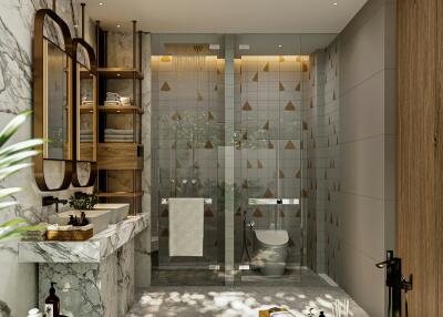 Modern spacious bathroom with a freestanding tub, walk-in shower, and wooden accents