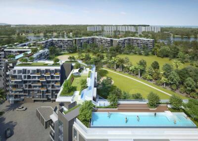 Modern residential apartment buildings with outdoor facilities