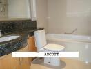 Modern bathroom with granite countertop and integrated sink
