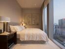 Modern bedroom with cityscape view