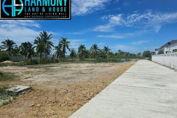Empty residential lot ready for construction with a clear sky and surrounding palm trees