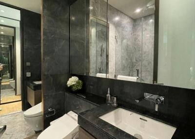 Modern bathroom with dark marble finish and sleek fixtures