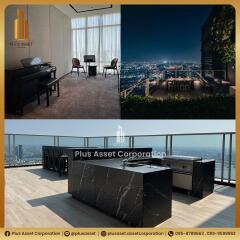 Luxurious apartment interior showcasing a sophisticated office space and a rooftop balcony with stunning city views