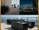 Luxurious apartment interior showcasing a sophisticated office space and a rooftop balcony with stunning city views