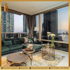 Modern living room with city view and stylish furniture