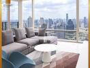 Modern living room with large windows overlooking cityscape