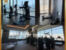 Modern high-rise gym with city view