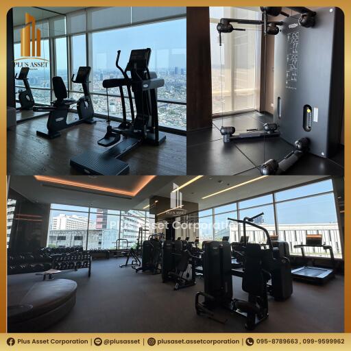 Modern high-rise gym with city view