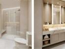Modern bathroom interior with well-lit vanity and walk-in shower