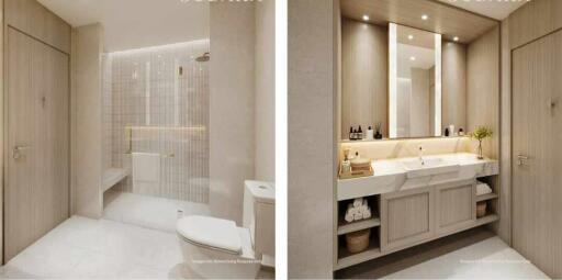Modern bathroom interior with well-lit vanity and walk-in shower