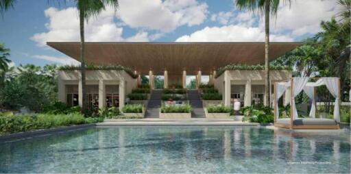 Luxurious outdoor swimming pool with lounging area and villa facade