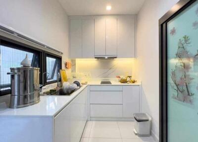 Modern kitchen with white cabinetry and stainless steel appliances