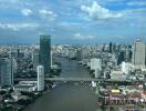 Aerial city view with river and high-rise buildings