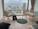 High-rise bedroom with city view and stylish decor