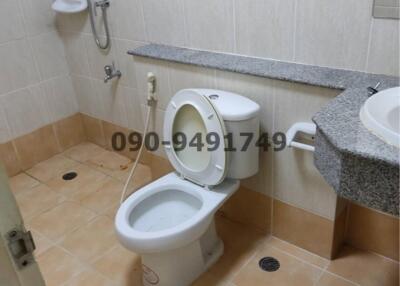 White tiled bathroom with toilet and sink