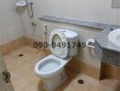 White tiled bathroom with toilet and sink