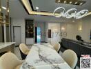 Modern dining room with elegant furniture and lighting