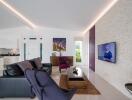 Modern living room with elegant furnishings and ambient lighting
