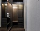 Modern hallway interior with dark wood finishes and stylish lighting