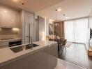 Modern kitchen with integrated appliances and adjacent dining space with natural light