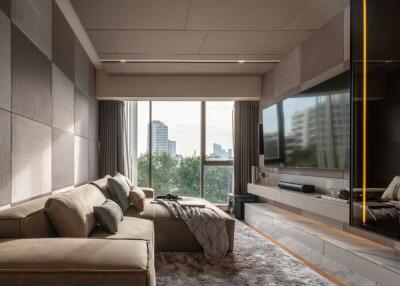 Modern bedroom with large windows and city view