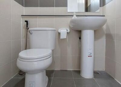 Modern bathroom interior with clean toilet and sink