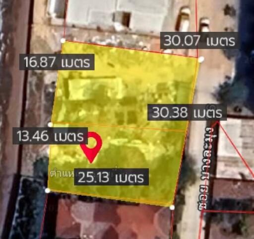 Blurred aerial view of property with measurement labels, not suitable for main living space representation