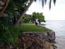 Two people standing by the lakeside near a lush green lawn with palm trees