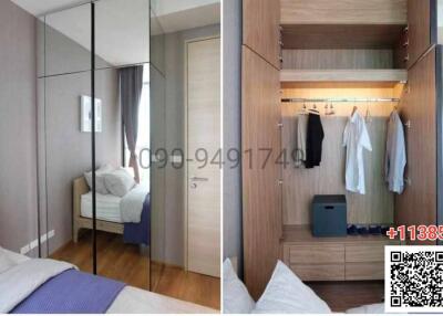 Cozy bedroom with built-in wardrobe and large mirror