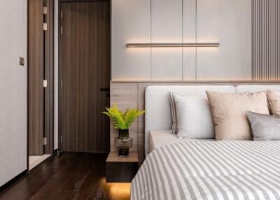 Elegant contemporary bedroom with natural tones and modern decor