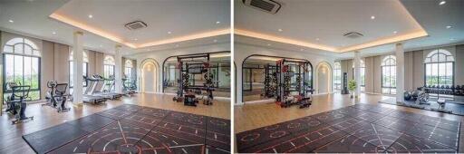 Spacious home gym with exercise equipment and large windows