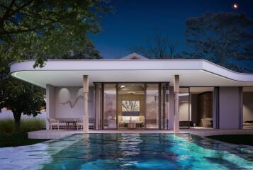 Modern house exterior at dusk with pool and open patio area