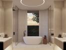 Modern bathroom with freestanding bathtub and nature view