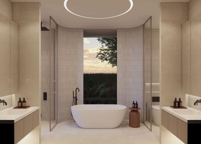 Modern bathroom with freestanding bathtub and nature view