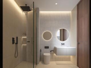 Modern bathroom with neutral color scheme and elegant fixtures