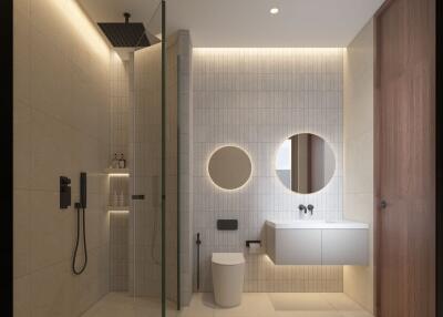 Modern bathroom with neutral color scheme and elegant fixtures