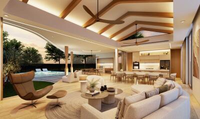 Spacious open-plan living room with modern furnishing and outdoor views