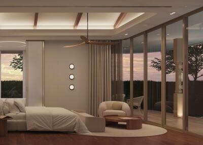 Spacious modern bedroom with floor-to-ceiling glass doors and a view of the pool