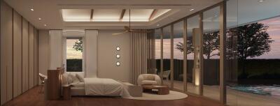 Spacious modern bedroom with floor-to-ceiling glass doors and a view of the pool